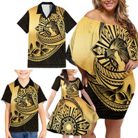 Philippines Eagle Sun Family Matching Off Shoulder Short Dress and Hawaiian Shirt Filipino Agila Polynesian Tattoo Gold Color