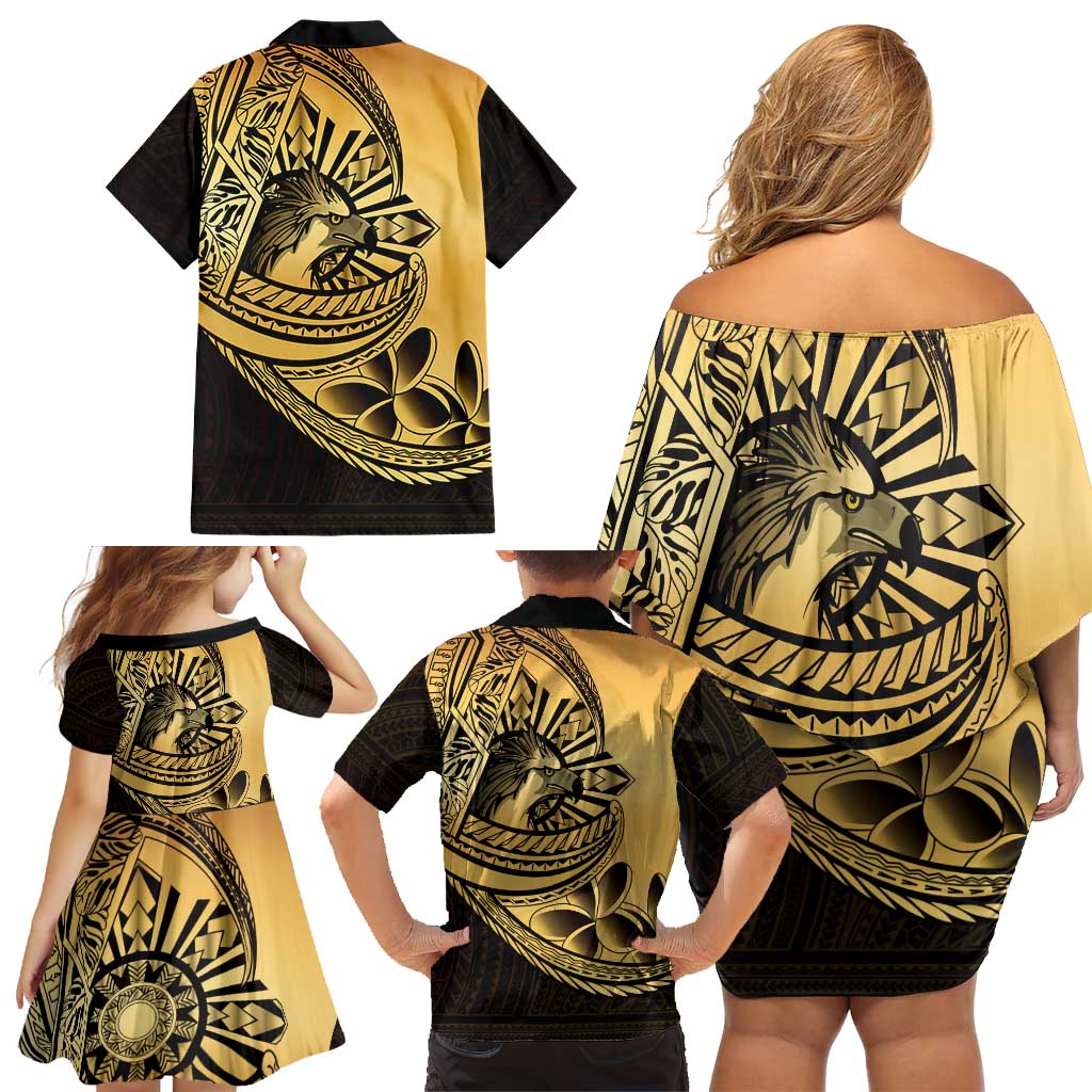 Philippines Eagle Sun Family Matching Off Shoulder Short Dress and Hawaiian Shirt Filipino Agila Polynesian Tattoo Gold Color