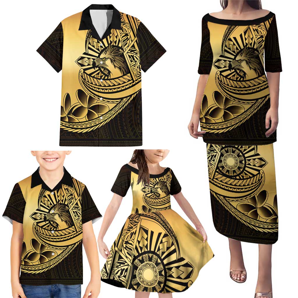 Philippines Eagle Sun Family Matching Puletasi and Hawaiian Shirt Filipino Agila Polynesian Tattoo Gold Color