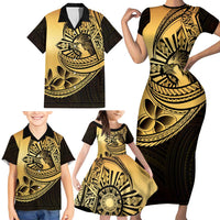 Philippines Eagle Sun Family Matching Short Sleeve Bodycon Dress and Hawaiian Shirt Filipino Agila Polynesian Tattoo Gold Color