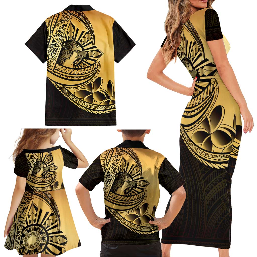 Philippines Eagle Sun Family Matching Short Sleeve Bodycon Dress and Hawaiian Shirt Filipino Agila Polynesian Tattoo Gold Color