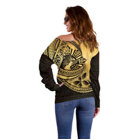 Philippines Eagle Sun Off Shoulder Sweater Filipino Agila Polynesian Tattoo Gold Color