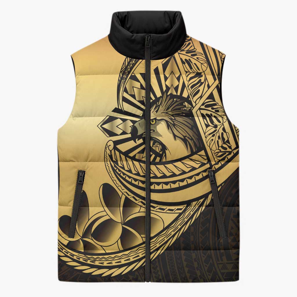 Philippines Eagle Sun Sleeveless Puffer Jacket Filipino Agila Polynesian Tattoo Gold Color