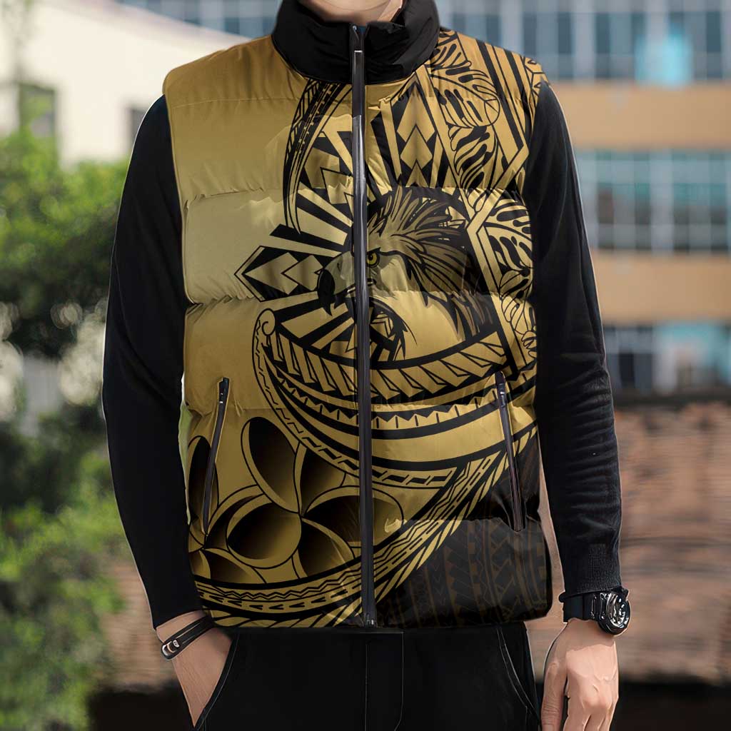 Philippines Eagle Sun Sleeveless Puffer Jacket Filipino Agila Polynesian Tattoo Gold Color