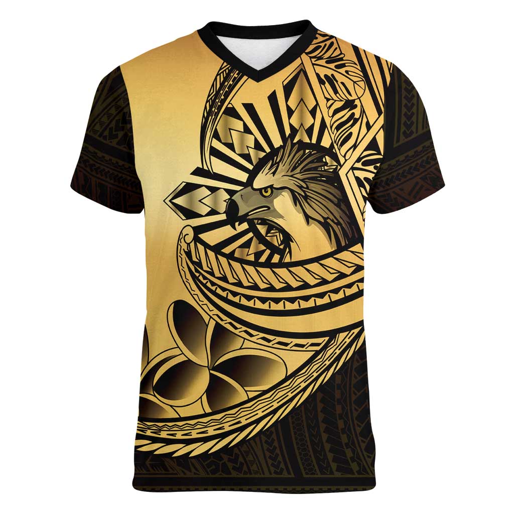 Philippines Eagle Sun Women V-Neck T-Shirt Filipino Agila Polynesian Tattoo Gold Color