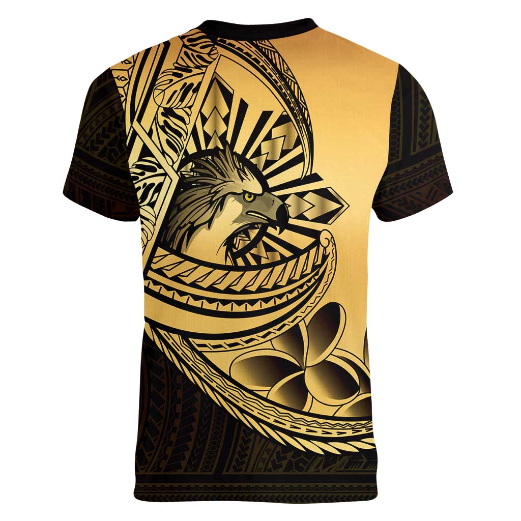Philippines Eagle Sun Women V-Neck T-Shirt Filipino Agila Polynesian Tattoo Gold Color