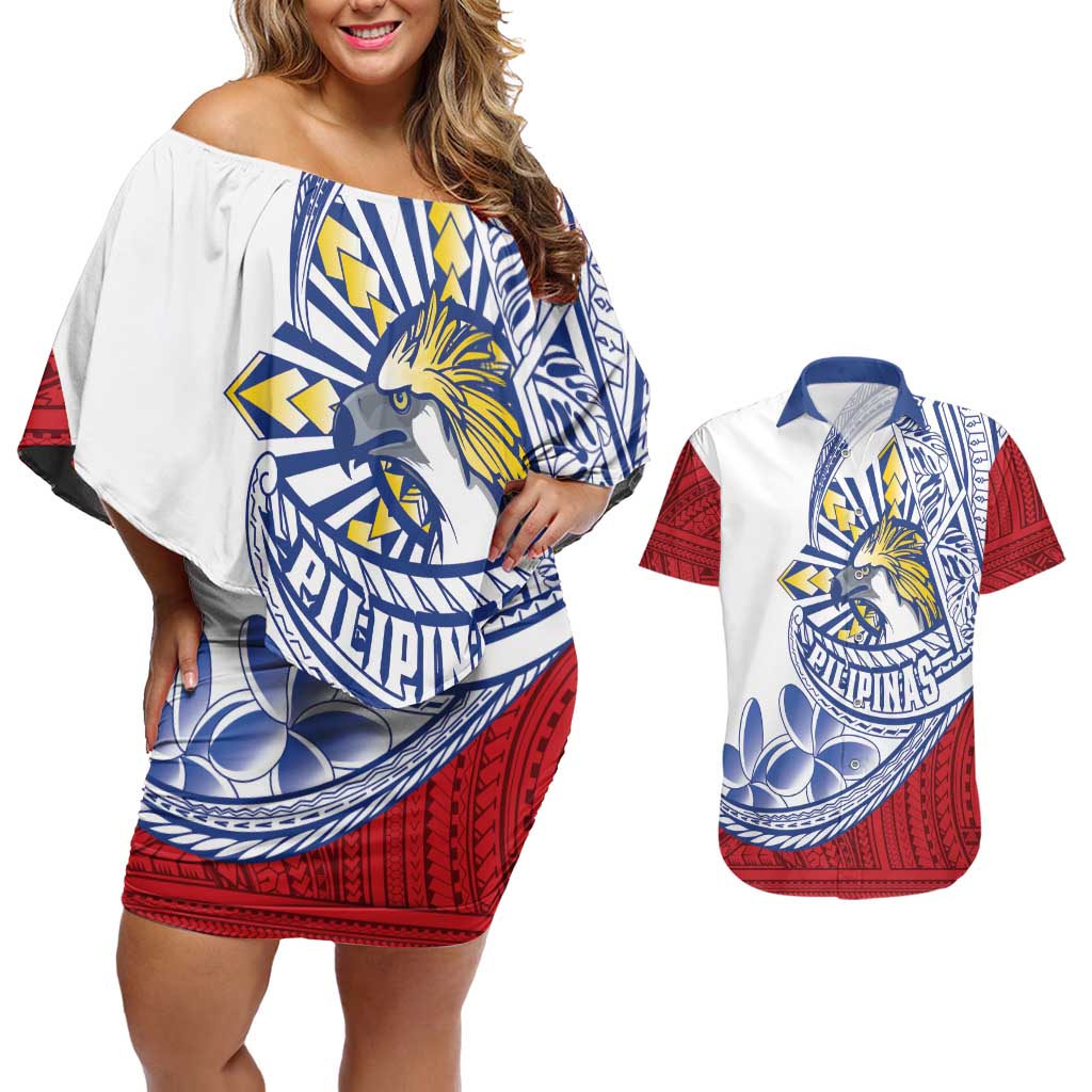Philippines Eagle Sun Couples Matching Off Shoulder Short Dress and Hawaiian Shirt Filipino Agila Polynesian Tattoo Flag Color
