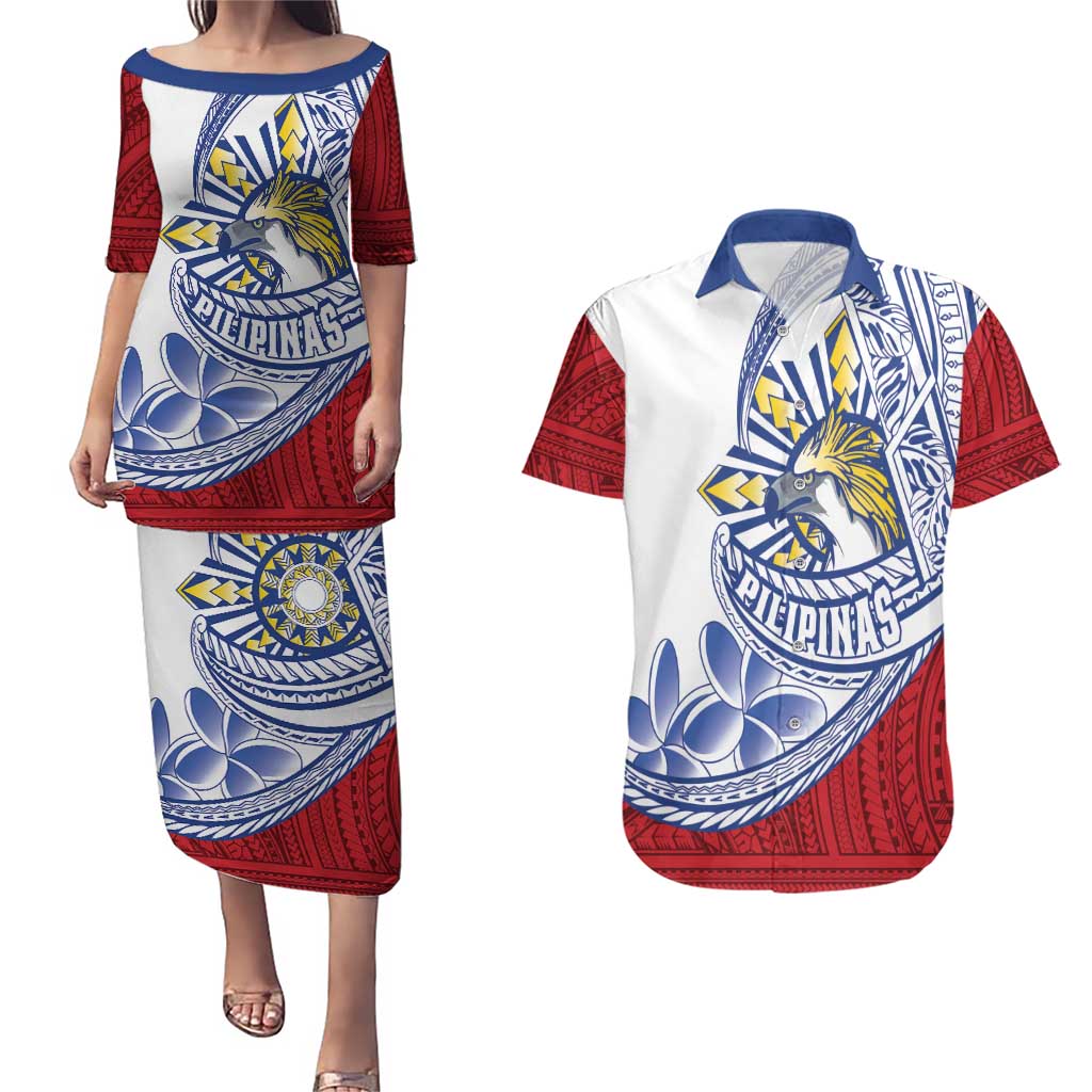 Philippines Eagle Sun Couples Matching Puletasi and Hawaiian Shirt Filipino Agila Polynesian Tattoo Flag Color