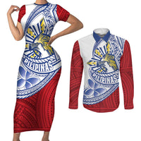 Philippines Eagle Sun Couples Matching Short Sleeve Bodycon Dress and Long Sleeve Button Shirt Filipino Agila Polynesian Tattoo Flag Color