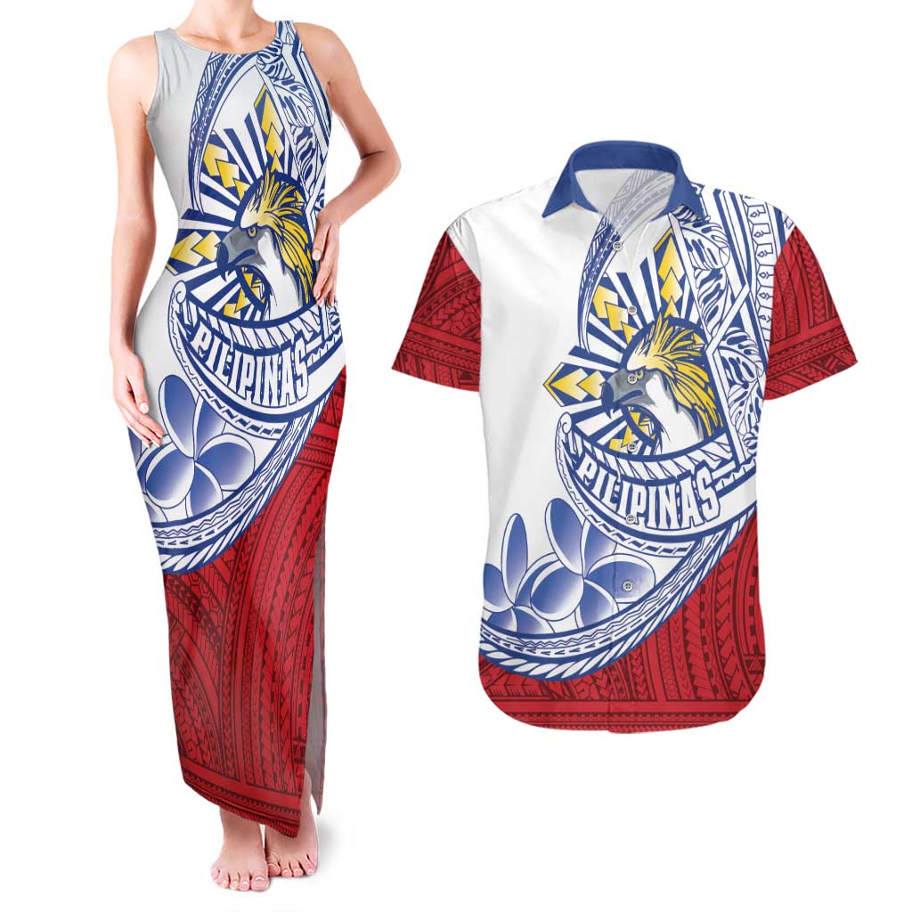 Philippines Eagle Sun Couples Matching Tank Maxi Dress and Hawaiian Shirt Filipino Agila Polynesian Tattoo Flag Color