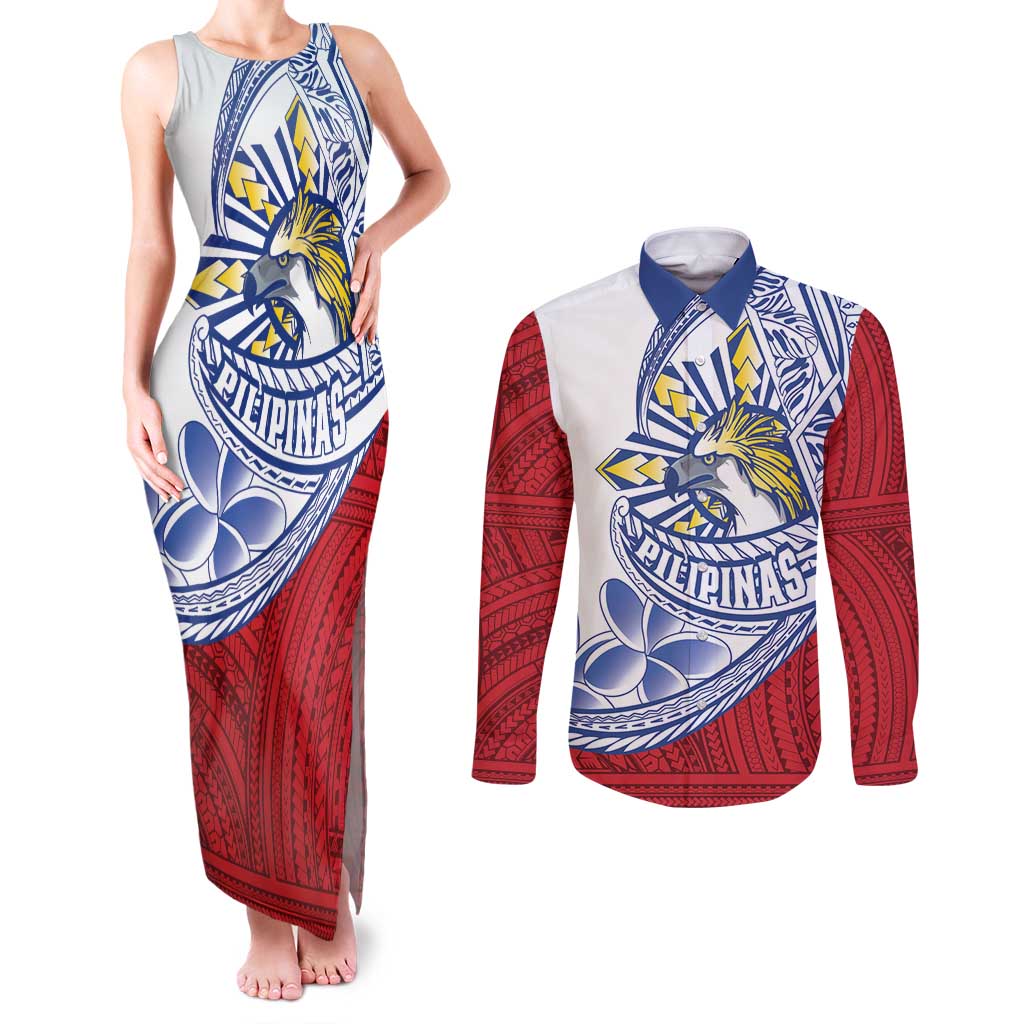 Philippines Eagle Sun Couples Matching Tank Maxi Dress and Long Sleeve Button Shirt Filipino Agila Polynesian Tattoo Flag Color