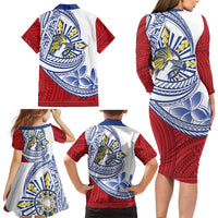 Philippines Eagle Sun Family Matching Long Sleeve Bodycon Dress and Hawaiian Shirt Filipino Agila Polynesian Tattoo Flag Color