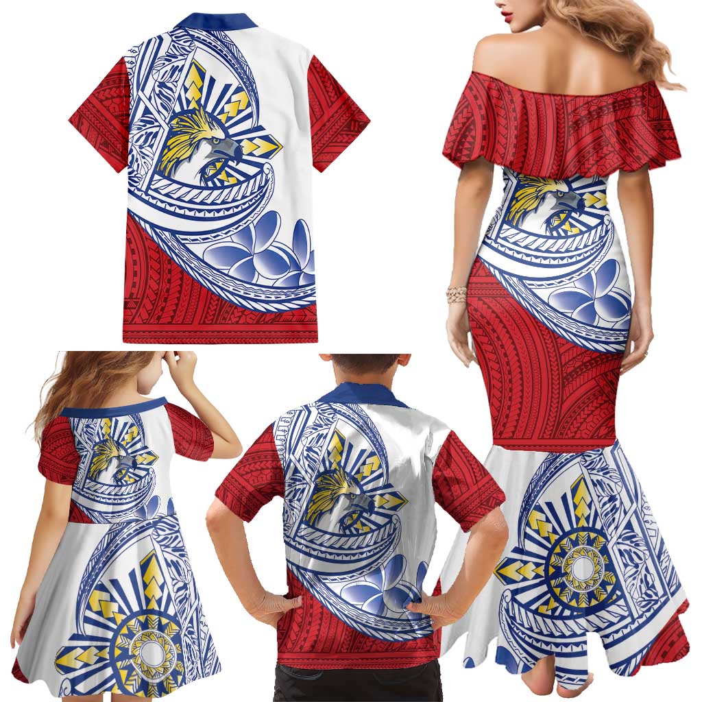 Philippines Eagle Sun Family Matching Mermaid Dress and Hawaiian Shirt Filipino Agila Polynesian Tattoo Flag Color