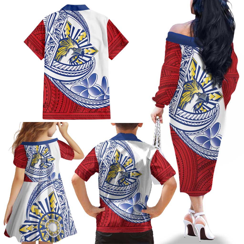 Philippines Eagle Sun Family Matching Off The Shoulder Long Sleeve Dress and Hawaiian Shirt Filipino Agila Polynesian Tattoo Flag Color