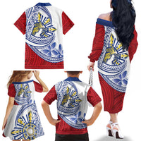 Philippines Eagle Sun Family Matching Off The Shoulder Long Sleeve Dress and Hawaiian Shirt Filipino Agila Polynesian Tattoo Flag Color