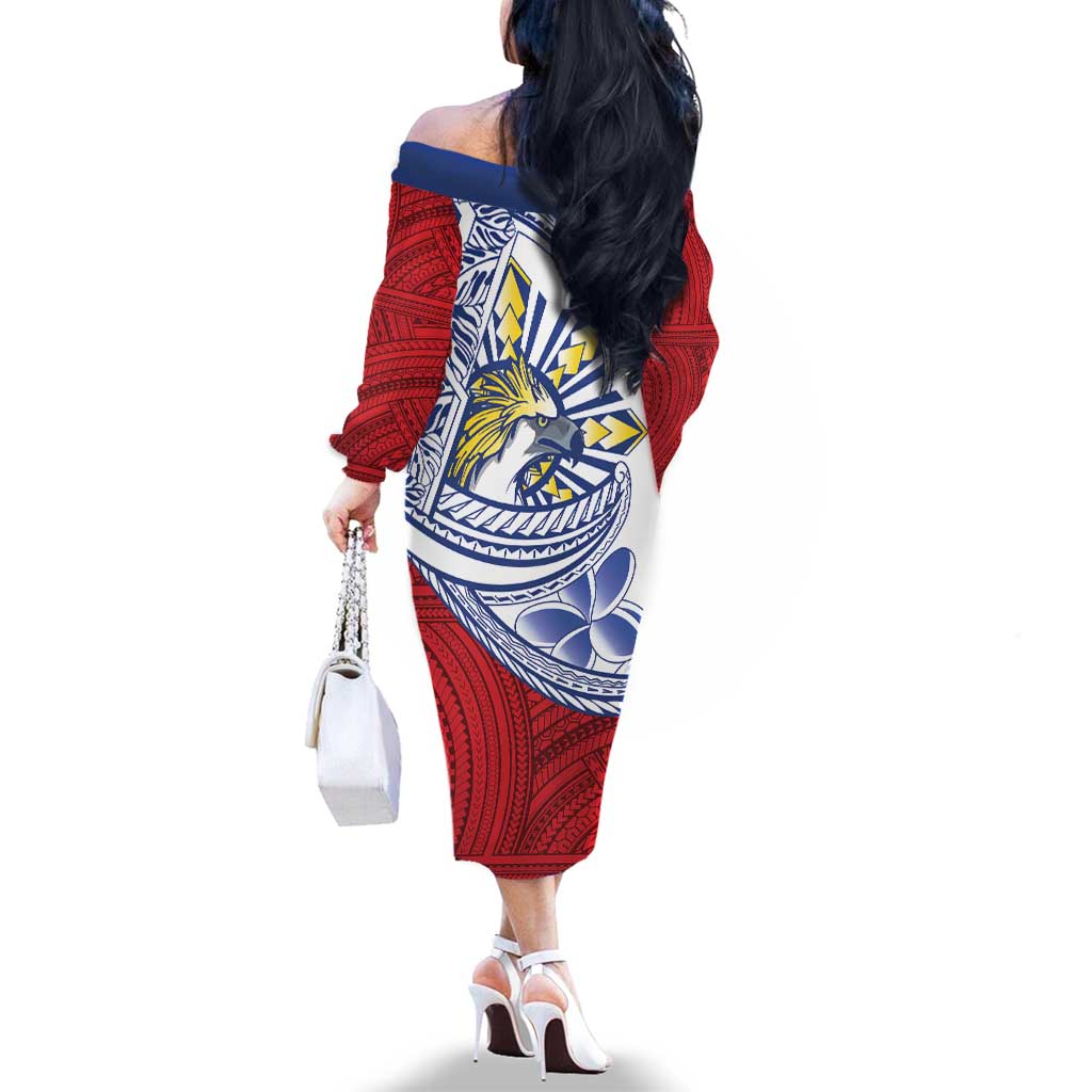 Philippines Eagle Sun Family Matching Off The Shoulder Long Sleeve Dress and Hawaiian Shirt Filipino Agila Polynesian Tattoo Flag Color