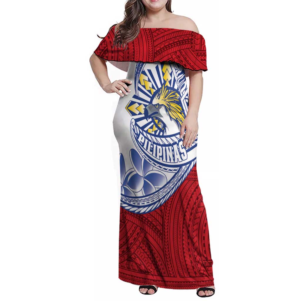 Philippines Eagle Sun Family Matching Off Shoulder Maxi Dress and Hawaiian Shirt Filipino Agila Polynesian Tattoo Flag Color