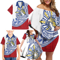 Philippines Eagle Sun Family Matching Off Shoulder Short Dress and Hawaiian Shirt Filipino Agila Polynesian Tattoo Flag Color