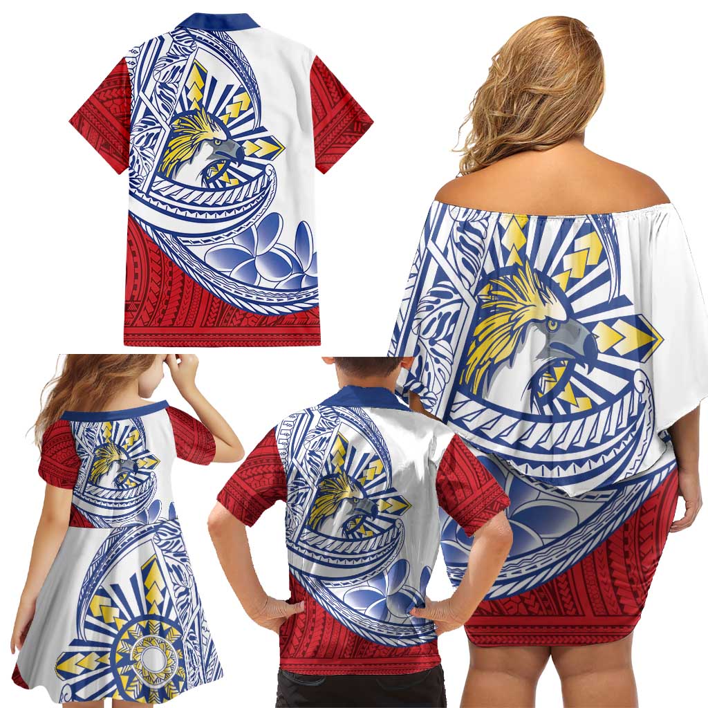 Philippines Eagle Sun Family Matching Off Shoulder Short Dress and Hawaiian Shirt Filipino Agila Polynesian Tattoo Flag Color