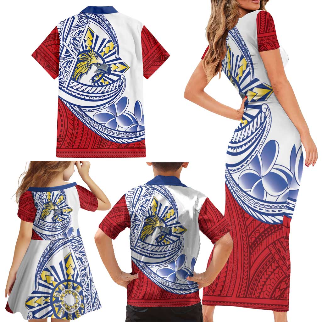 Philippines Eagle Sun Family Matching Short Sleeve Bodycon Dress and Hawaiian Shirt Filipino Agila Polynesian Tattoo Flag Color