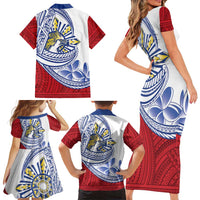 Philippines Eagle Sun Family Matching Short Sleeve Bodycon Dress and Hawaiian Shirt Filipino Agila Polynesian Tattoo Flag Color