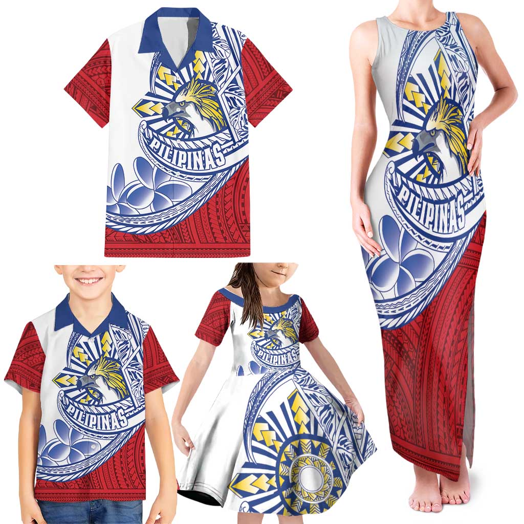 Philippines Eagle Sun Family Matching Tank Maxi Dress and Hawaiian Shirt Filipino Agila Polynesian Tattoo Flag Color