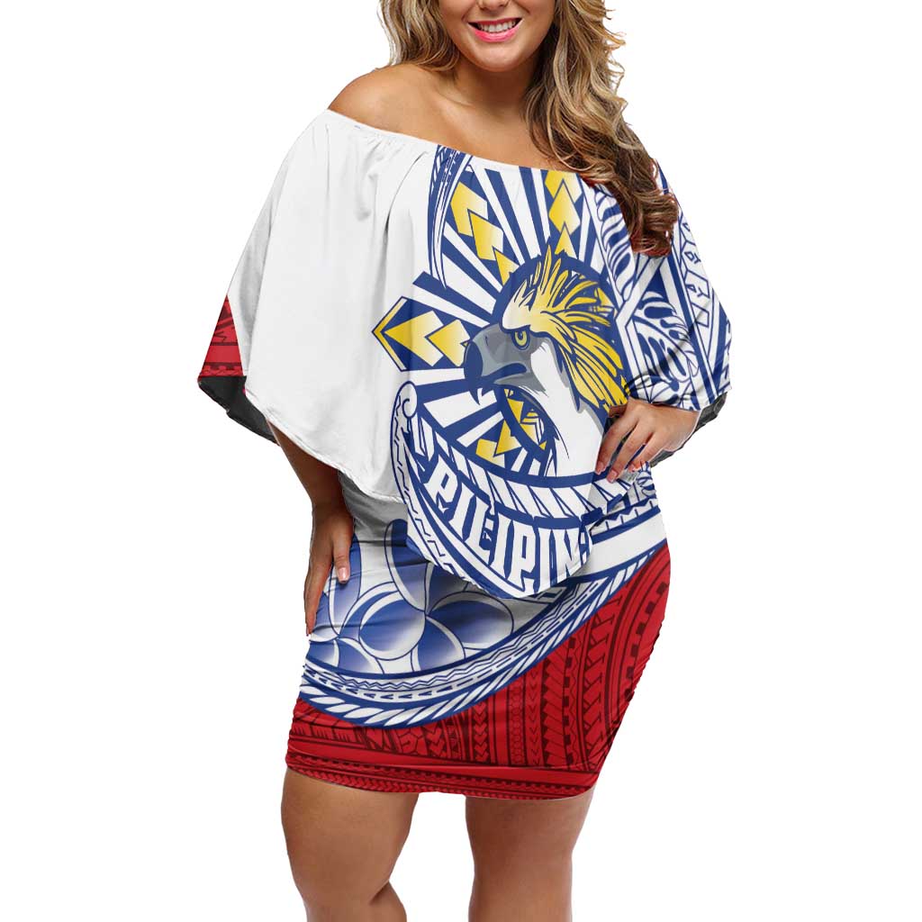 Philippines Eagle Sun Off Shoulder Short Dress Filipino Agila Polynesian Tattoo Flag Color