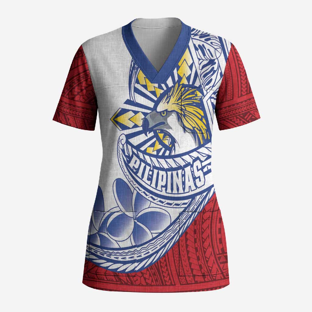 Philippines Eagle Sun Scrub Top Filipino Agila Polynesian Tattoo Flag Color
