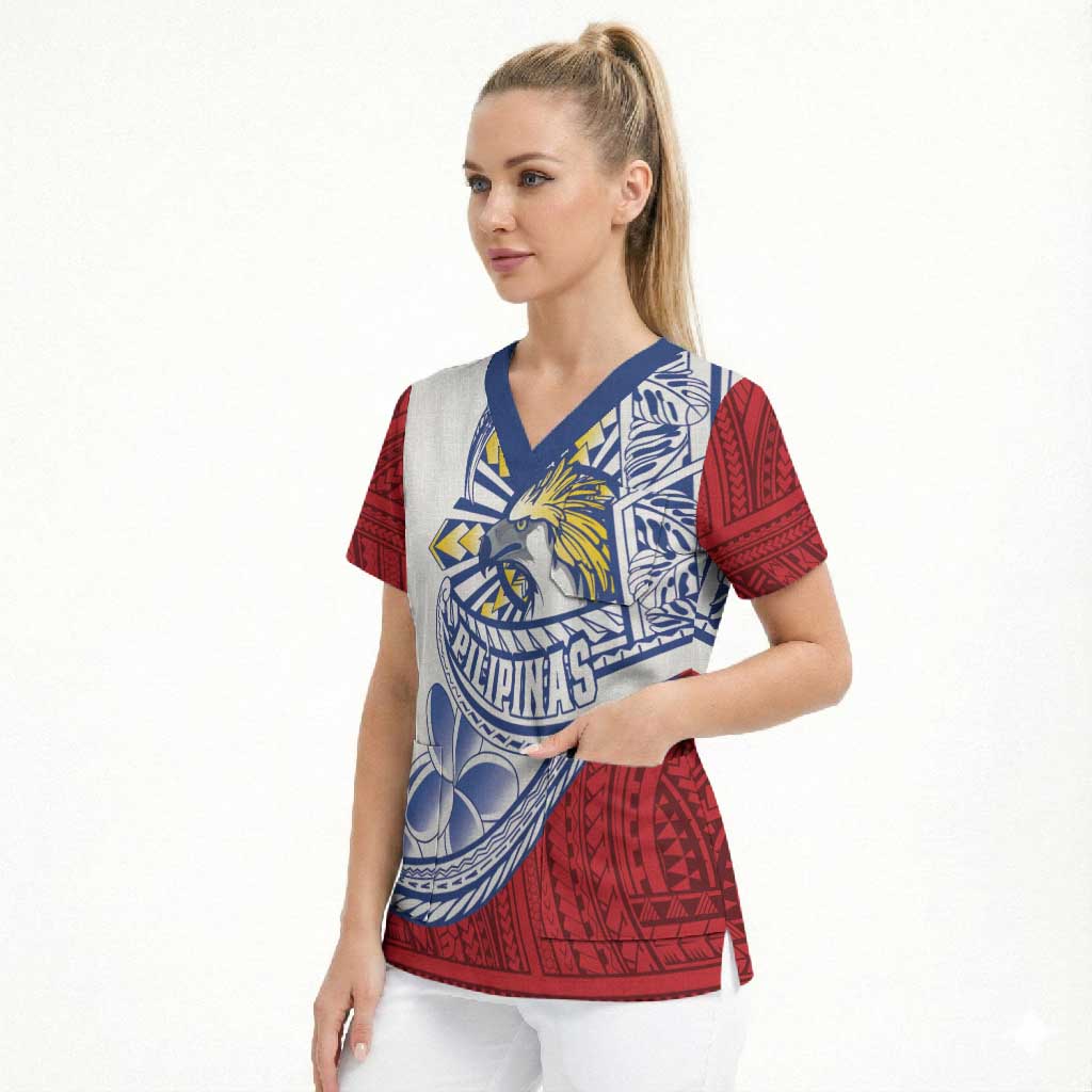 Philippines Eagle Sun Scrub Top Filipino Agila Polynesian Tattoo Flag Color