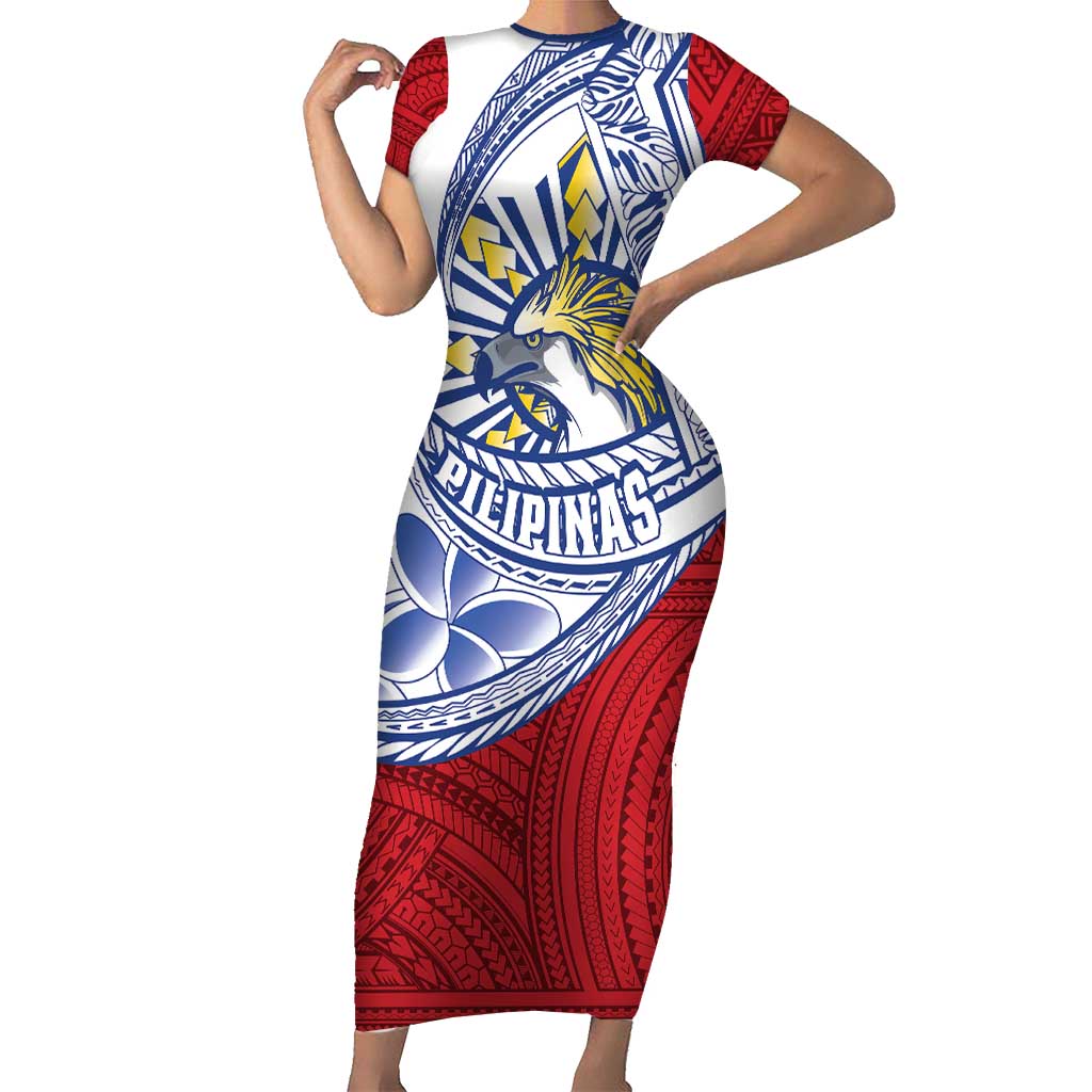 Philippines Eagle Sun Short Sleeve Bodycon Dress Filipino Agila Polynesian Tattoo Flag Color