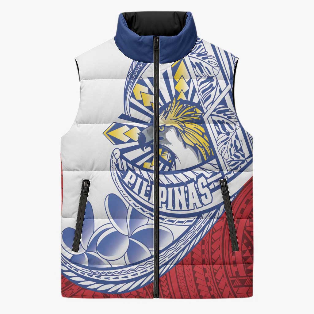 Philippines Eagle Sun Sleeveless Puffer Jacket Filipino Agila Polynesian Tattoo Flag Color
