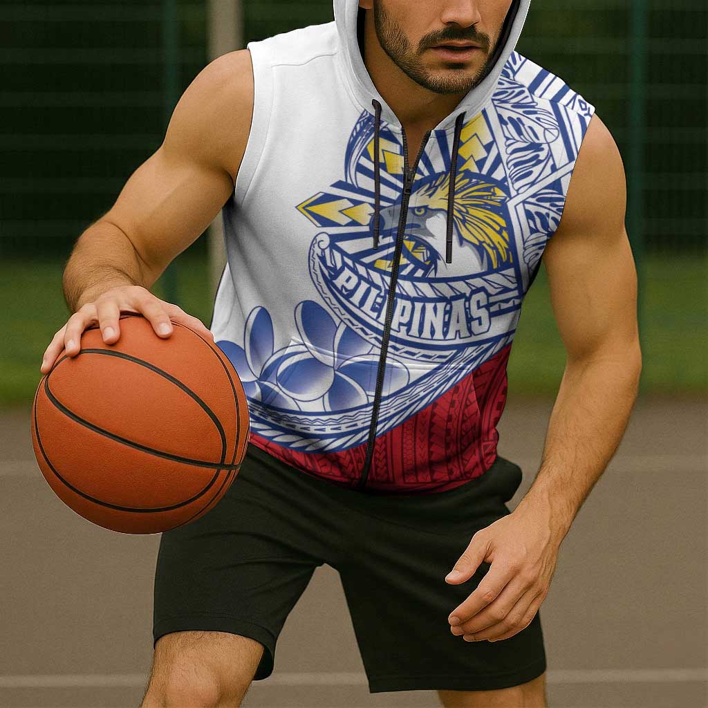 Philippines Eagle Sun Sleeveless Zip Hoodie Filipino Agila Polynesian Tattoo Flag Color