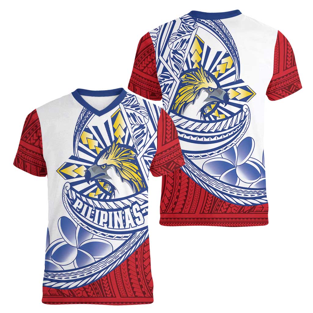 Philippines Eagle Sun Women V-Neck T-Shirt Filipino Agila Polynesian Tattoo Flag Color