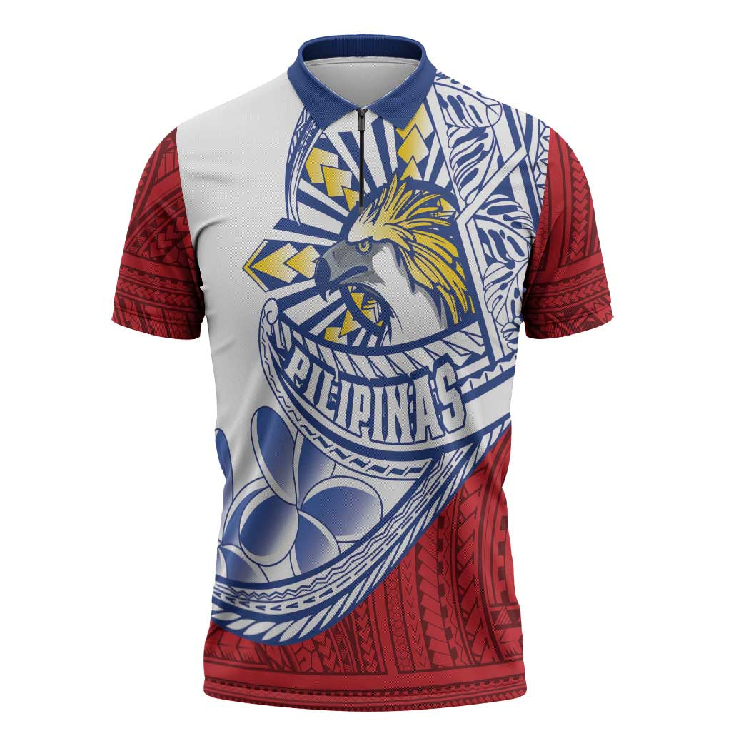 Philippines Eagle Sun Zipper Polo Shirt Filipino Agila Polynesian Tattoo Flag Color