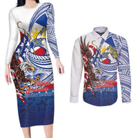 Filipino American History Month Couples Matching Long Sleeve Bodycon Dress and Long Sleeve Button Shirt Philippines Agila USA Eagle Mix Flag