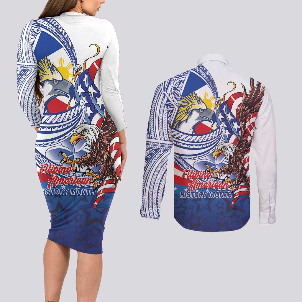 Filipino American History Month Couples Matching Long Sleeve Bodycon Dress and Long Sleeve Button Shirt Philippines Agila USA Eagle Mix Flag
