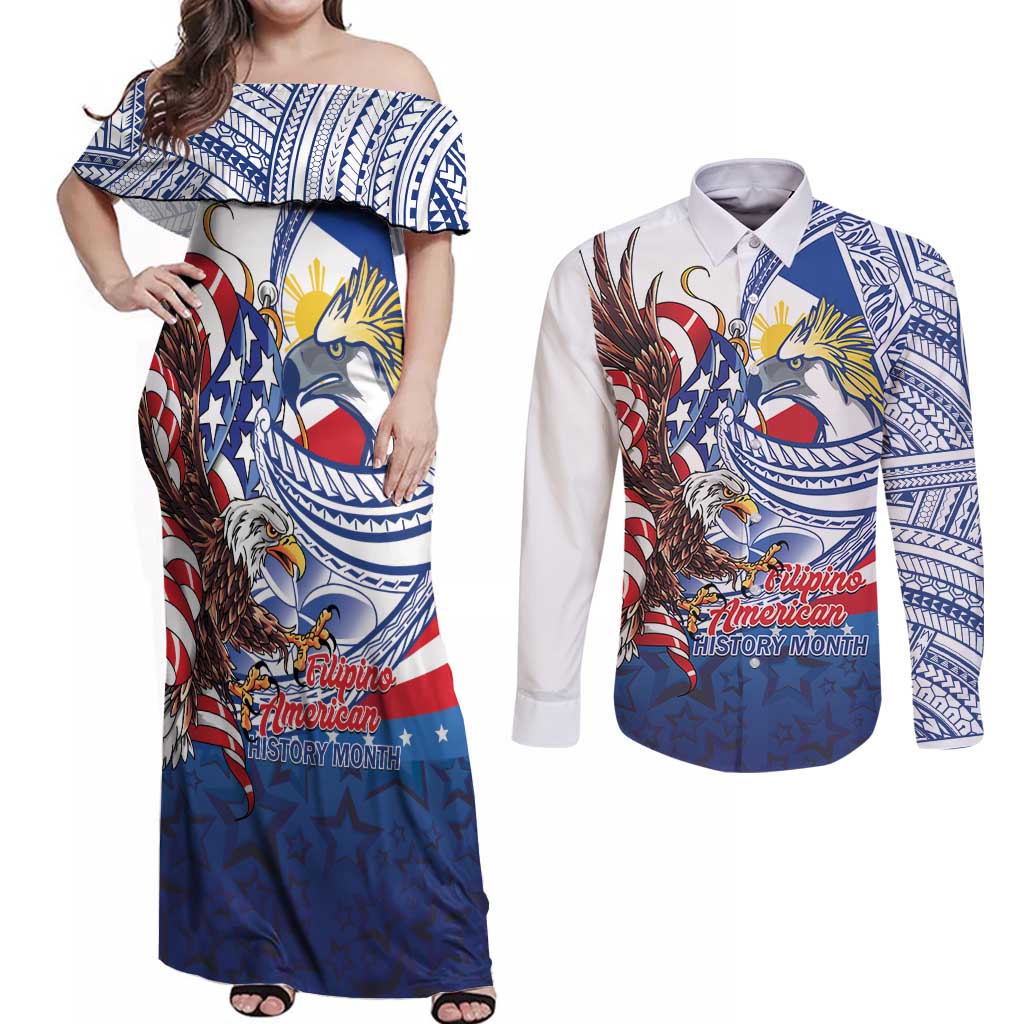 Filipino American History Month Couples Matching Off Shoulder Maxi Dress and Long Sleeve Button Shirt Philippines Agila USA Eagle Mix Flag