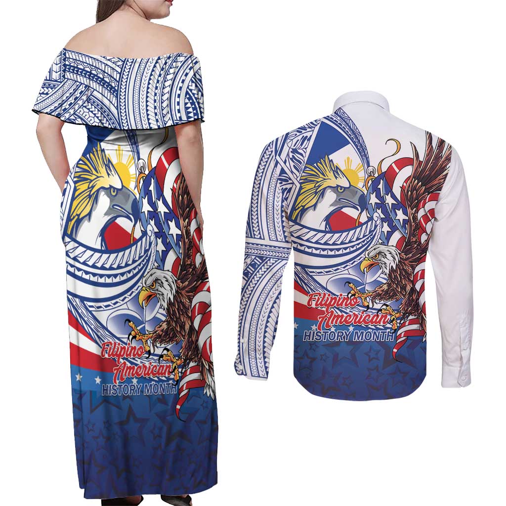Filipino American History Month Couples Matching Off Shoulder Maxi Dress and Long Sleeve Button Shirt Philippines Agila USA Eagle Mix Flag