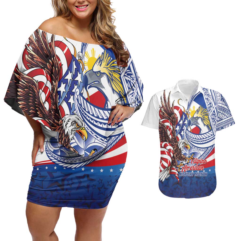 Filipino American History Month Couples Matching Off Shoulder Short Dress and Hawaiian Shirt Philippines Agila USA Eagle Mix Flag