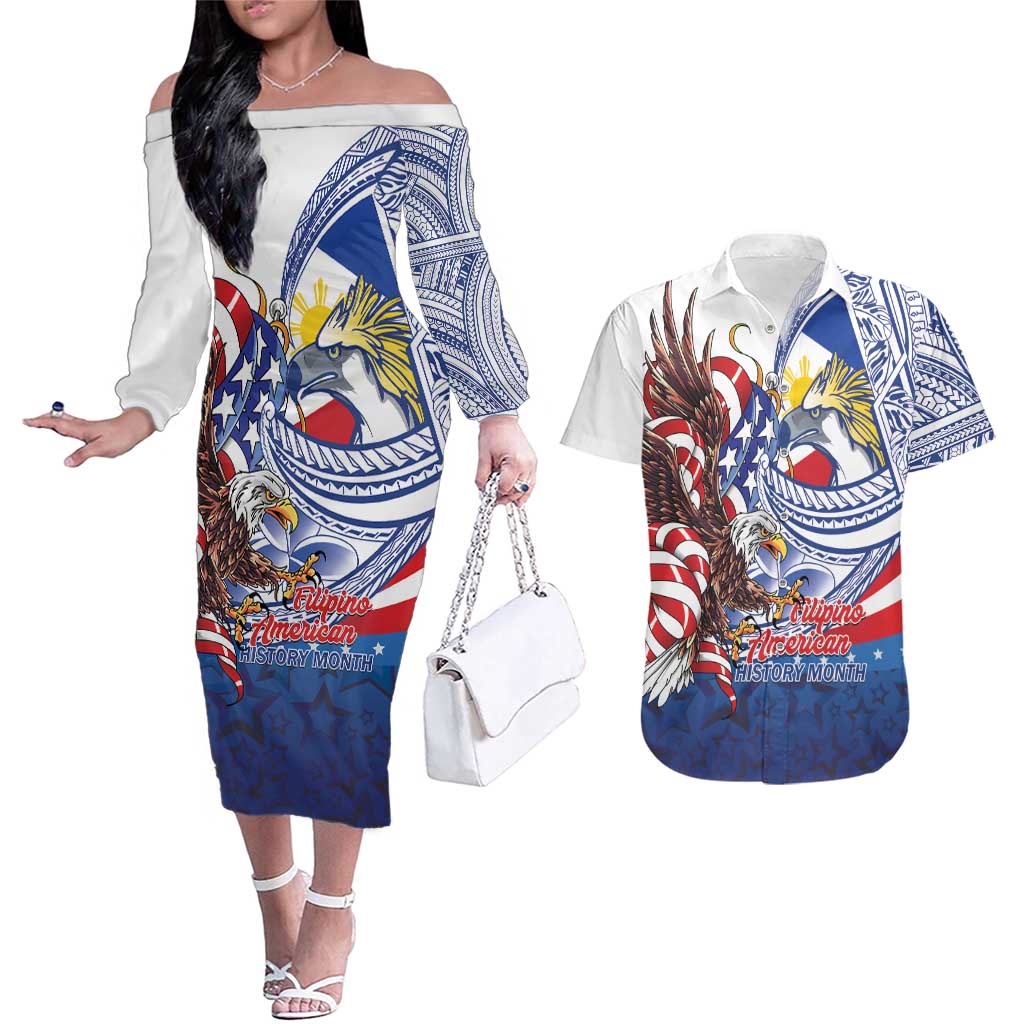 Filipino American History Month Couples Matching Off The Shoulder Long Sleeve Dress and Hawaiian Shirt Philippines Agila USA Eagle Mix Flag