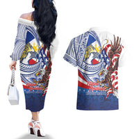 Filipino American History Month Couples Matching Off The Shoulder Long Sleeve Dress and Hawaiian Shirt Philippines Agila USA Eagle Mix Flag