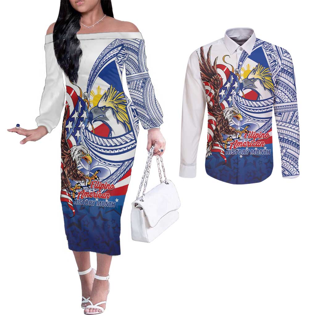 Filipino American History Month Couples Matching Off The Shoulder Long Sleeve Dress and Long Sleeve Button Shirt Philippines Agila USA Eagle Mix Flag