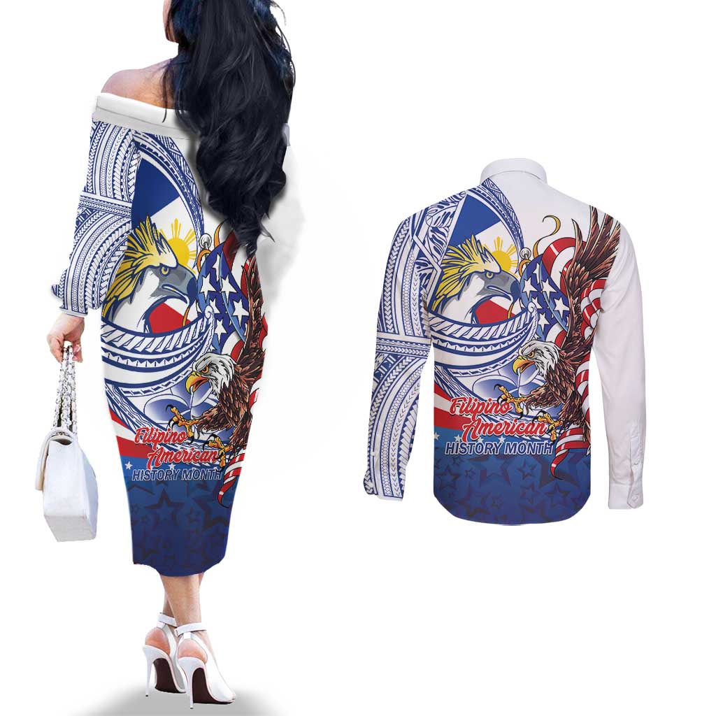 Filipino American History Month Couples Matching Off The Shoulder Long Sleeve Dress and Long Sleeve Button Shirt Philippines Agila USA Eagle Mix Flag