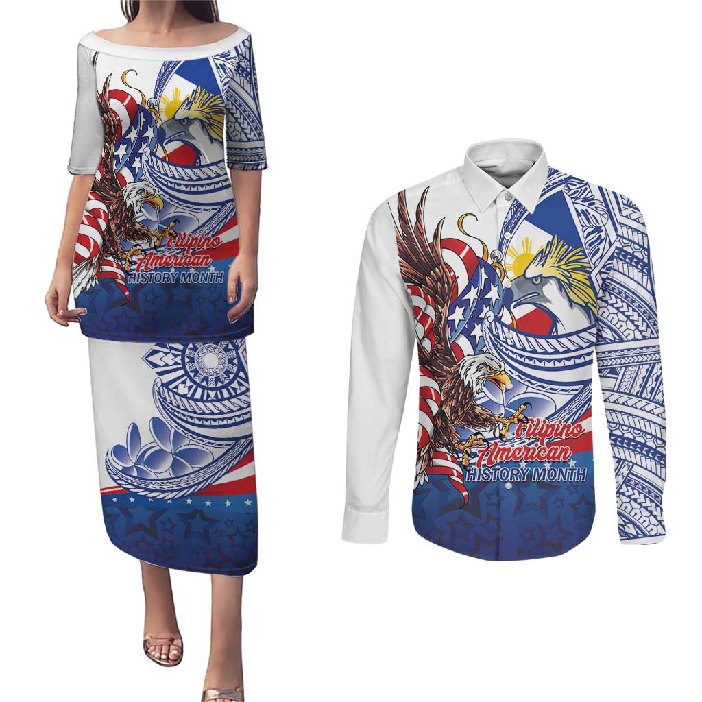 Filipino American History Month Couples Matching Puletasi and Long Sleeve Button Shirt Philippines Agila USA Eagle Mix Flag