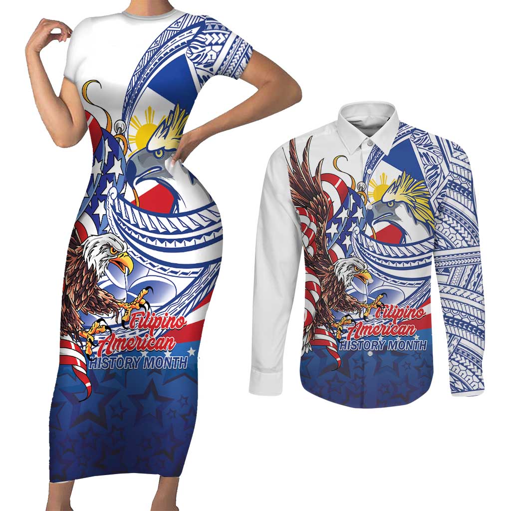 Filipino American History Month Couples Matching Short Sleeve Bodycon Dress and Long Sleeve Button Shirt Philippines Agila USA Eagle Mix Flag