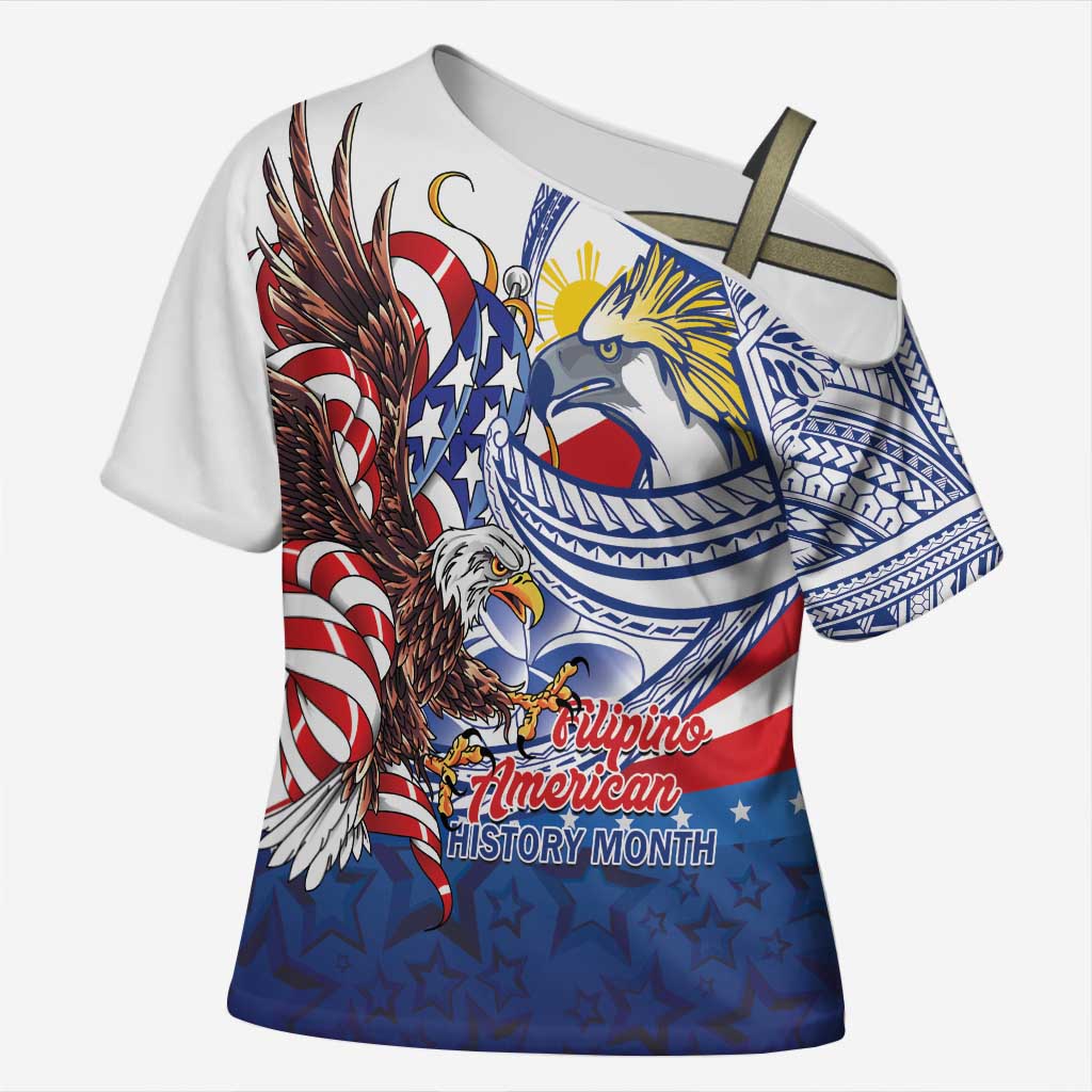 Filipino American History Month Cross Shoulder Shirt Philippines Agila USA Eagle Mix Flag LT14 Female Blue - Polynesian Pride