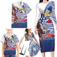 Filipino American History Month Family Matching Long Sleeve Bodycon Dress and Hawaiian Shirt Philippines Agila USA Eagle Mix Flag