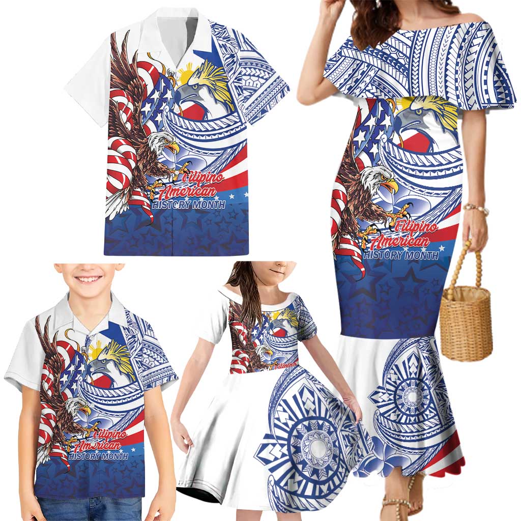 Filipino American History Month Family Matching Mermaid Dress and Hawaiian Shirt Philippines Agila USA Eagle Mix Flag