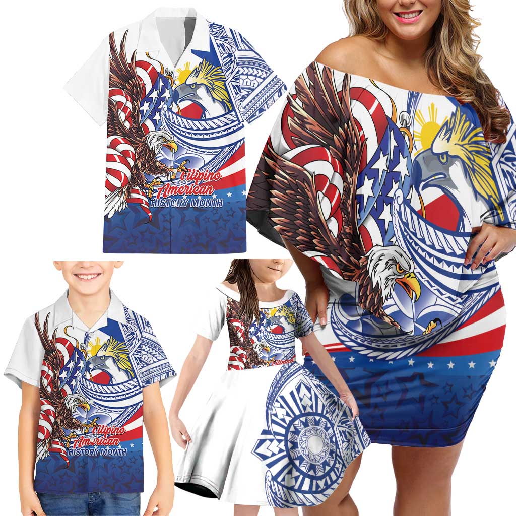 Filipino American History Month Family Matching Off Shoulder Short Dress and Hawaiian Shirt Philippines Agila USA Eagle Mix Flag