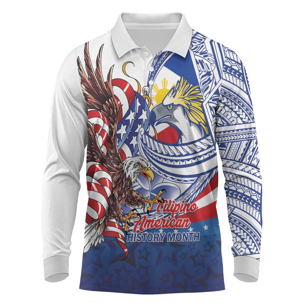 Filipino American History Month Long Sleeve Polo Shirt Philippines Agila USA Eagle Mix Flag